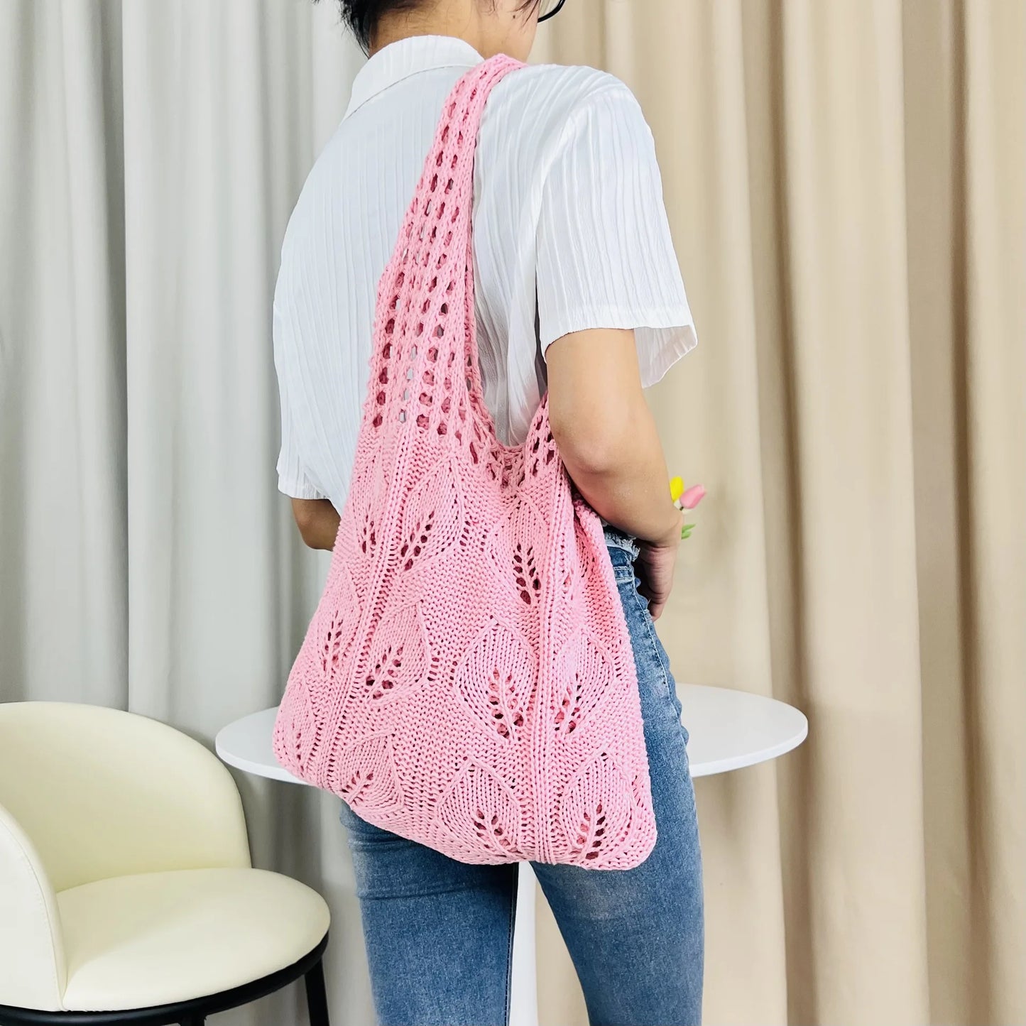 Knitted Beach Tote - Lightweight Woven Handbag for Women and Girls, Casual Shoulder Bag