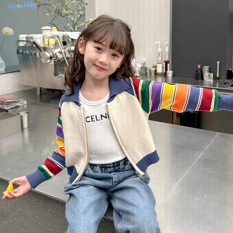 Korean Girls' Cardigan: Patchwork Long Sleeve Sweater (Autumn/Winter)