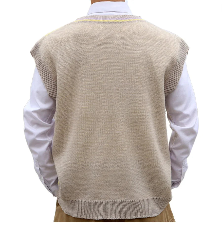 New Men's V-neck Knitted Vest Rhombus Plaid Pullovers Waistcoat for Man Korean Style Spring Autumn Thin Sleeveless Sweater