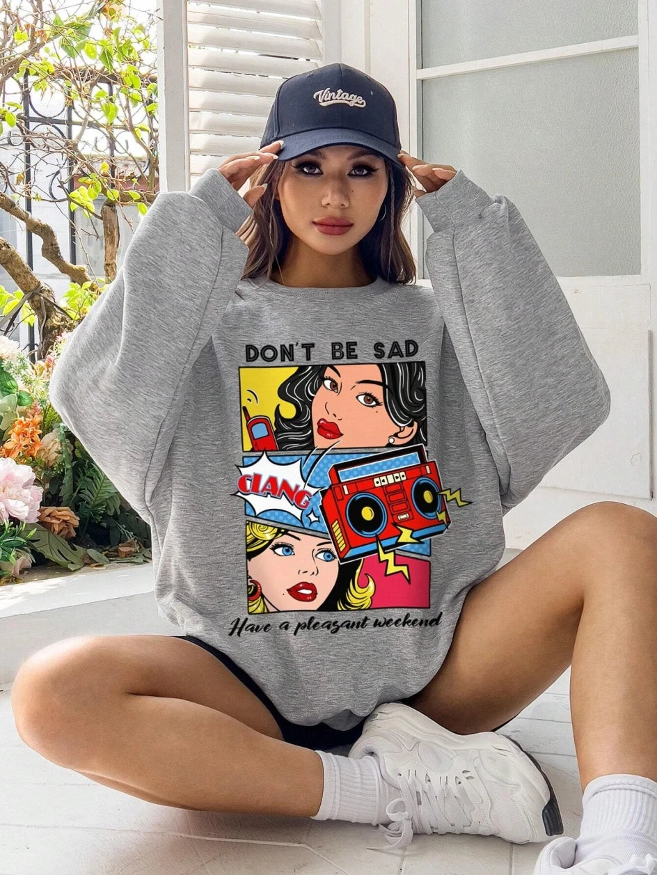 Women's Cartoon Print Crewneck Sweatshirt – Casual Loose Fleece