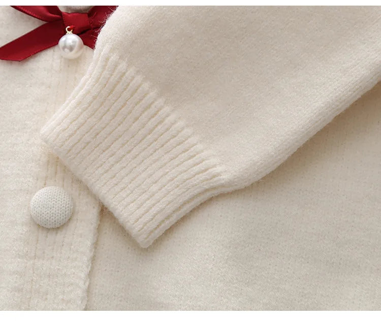 Autumn/Winter Baby Girl 2PCS Sweater Set - Knit Bow Coat & Plaid Skirt