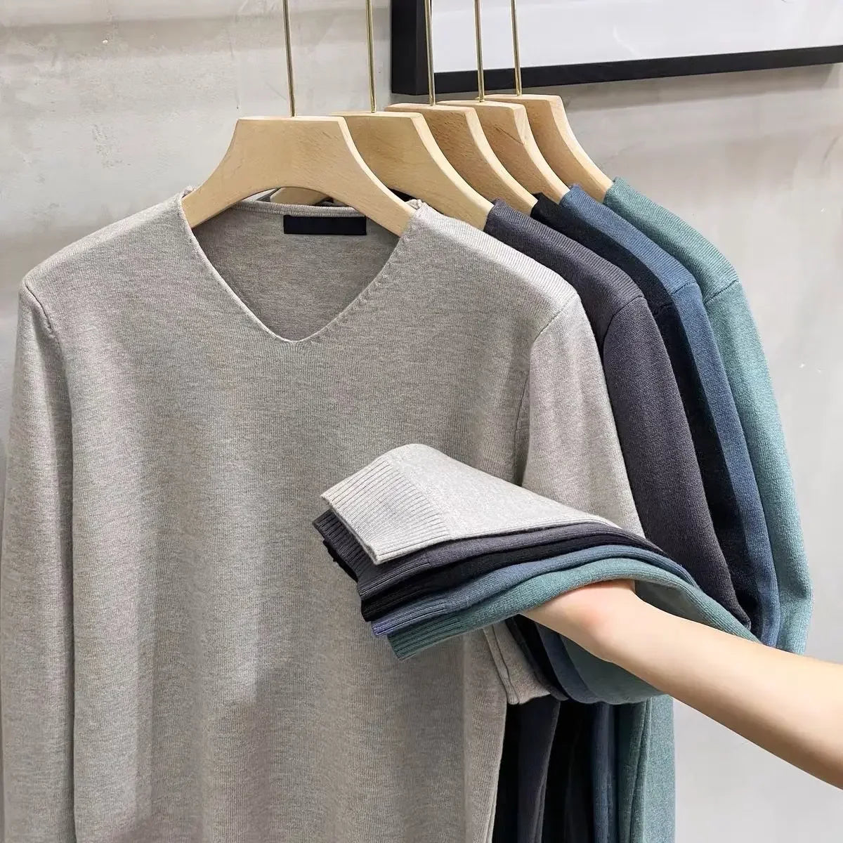 Men's V-neck Sweater – Solid Color, Long Sleeve, Knitted, Winter Pullover