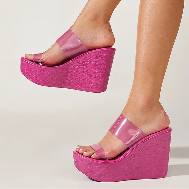 Fashionable Yellow Wedge Shoes – High Heel Open Toe Transparent Slides