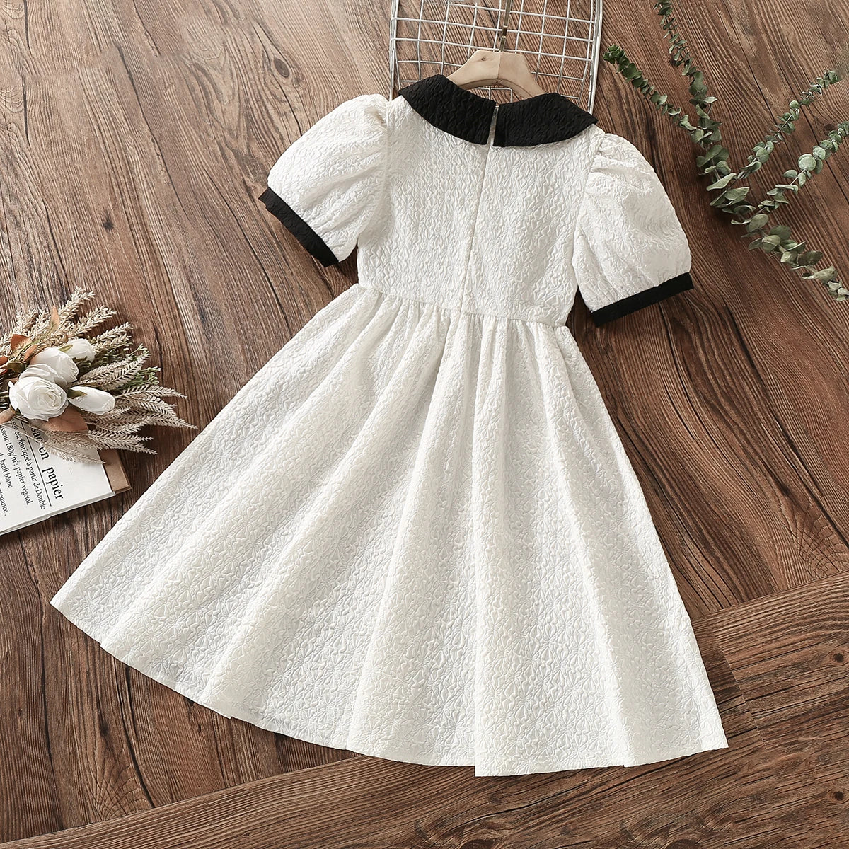 Summer White Dress for Girls – Preppy Short Sleeve Party Outfit for Kids (Ages 8-12)