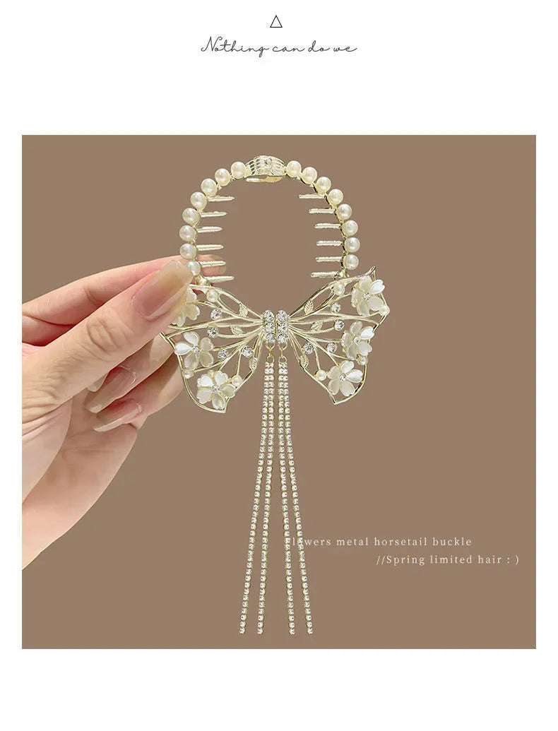 Elegant Women’s Hair Claw with Pearl & Rhinestone Tassels - Ponytail Buckle Hair Clip