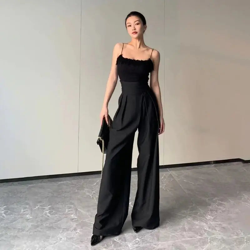 Women's Black Wide-Leg Pants, High-Waisted, Loose, Casual Straight Trousers