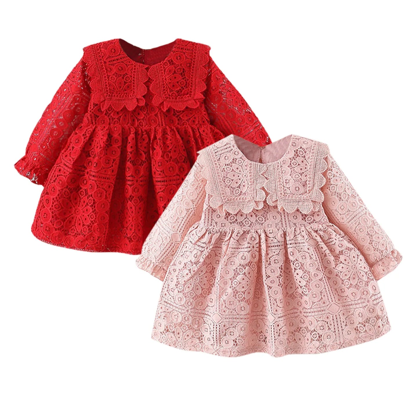 Casual Princess Dresses for Girls – Long Ruffled Sleeve Solid Patchwork Lace Party Dress