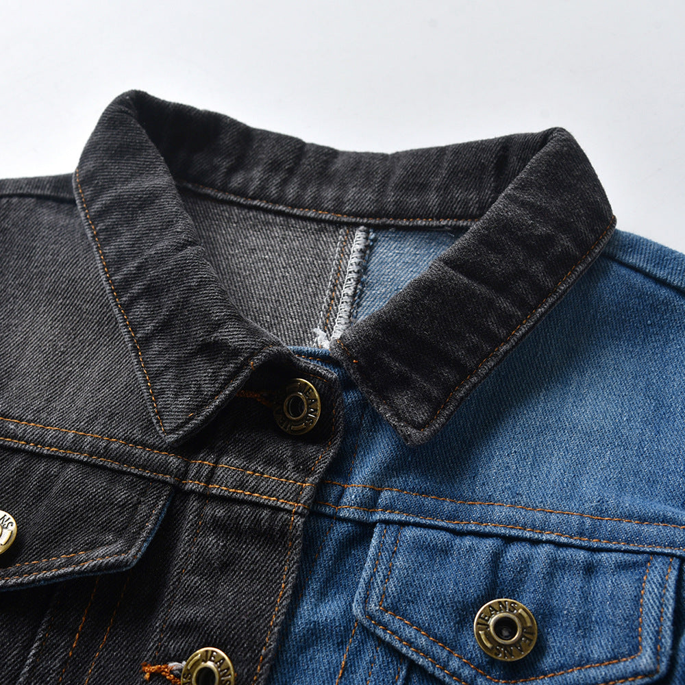 Children Boys' Casual Denim Jacket – Black & Blue Spliced, Turn-Down Collar