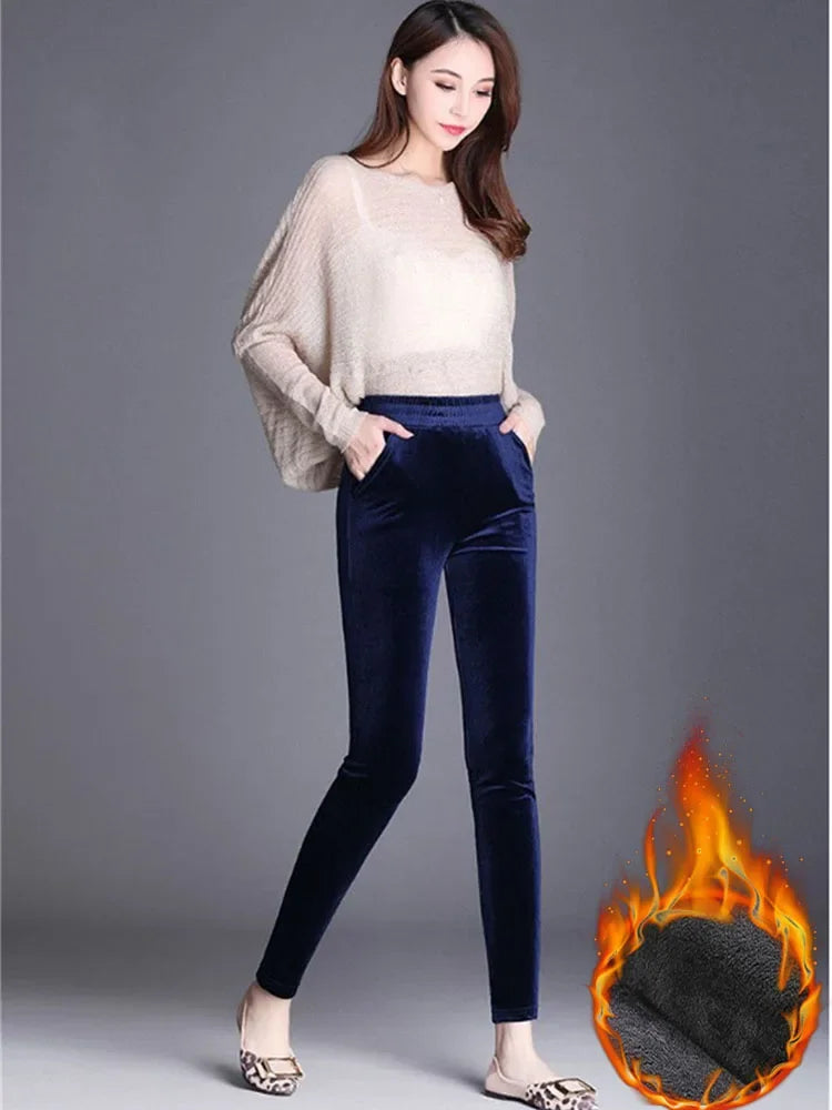 Winter High Waist Velvet Trousers – Women's Straight-Leg, Slim Fit, Plush-Lined Warm Pants