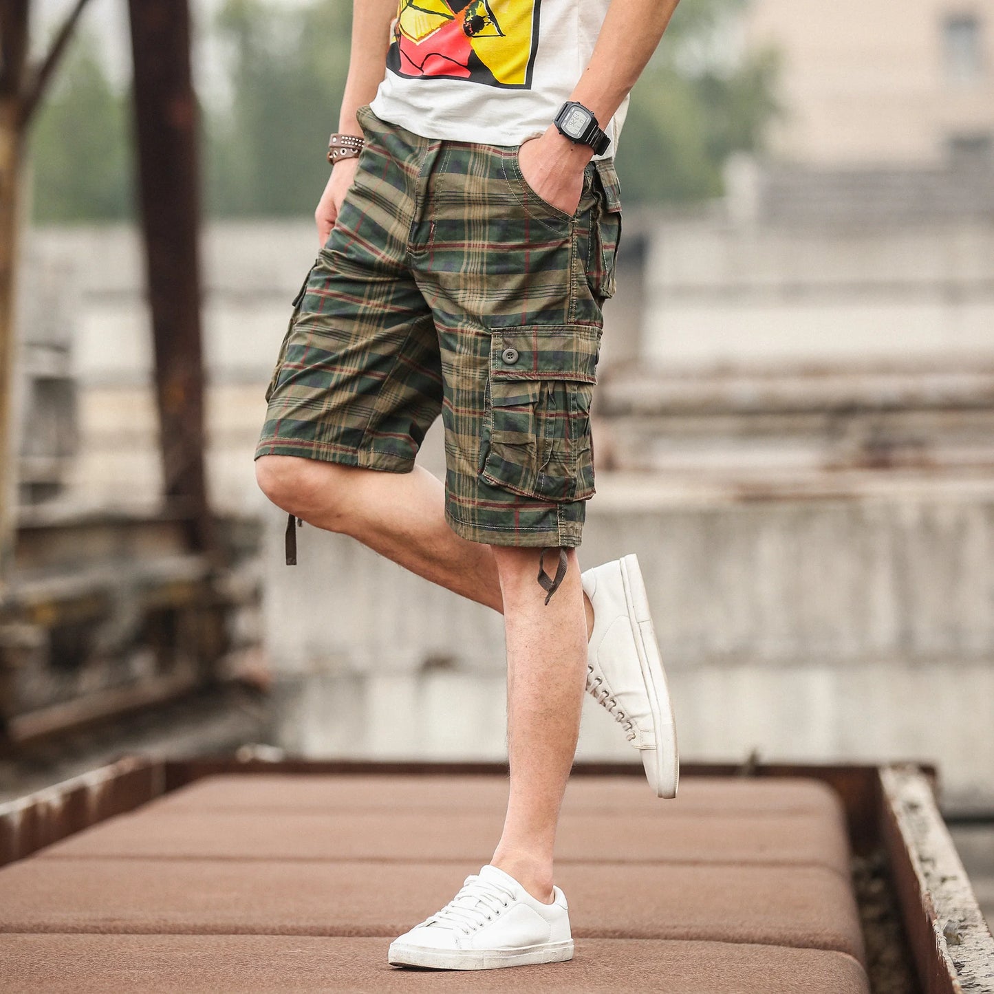 Men's Summer Cotton Plaid Cargo Shorts