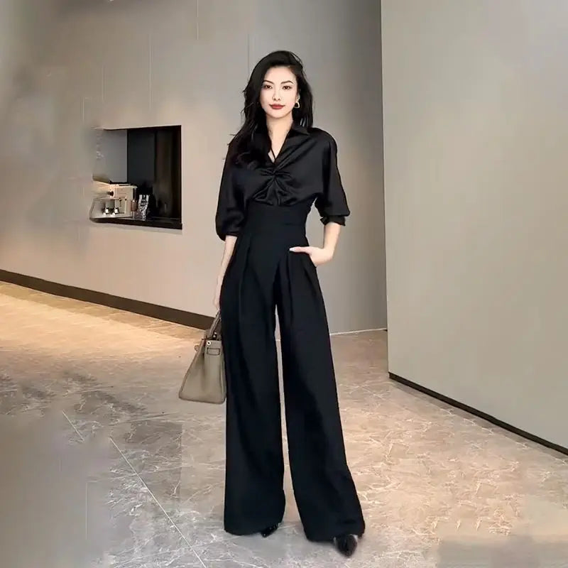 Women's Black Wide-Leg Pants, High-Waisted, Loose, Casual Straight Trousers