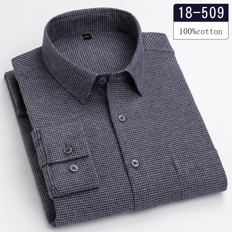 Luxury Men's Slim Fit Houndstooth Cotton Shirt - Long-Sleeve Designer Plaid