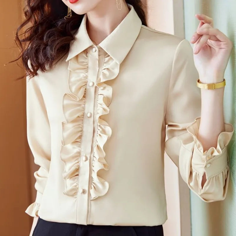 Spring/Autumn Women's Chiffon Shirt – Turn-Down Collar, Ruffles, and Lantern Sleeve Casual Elegant Top