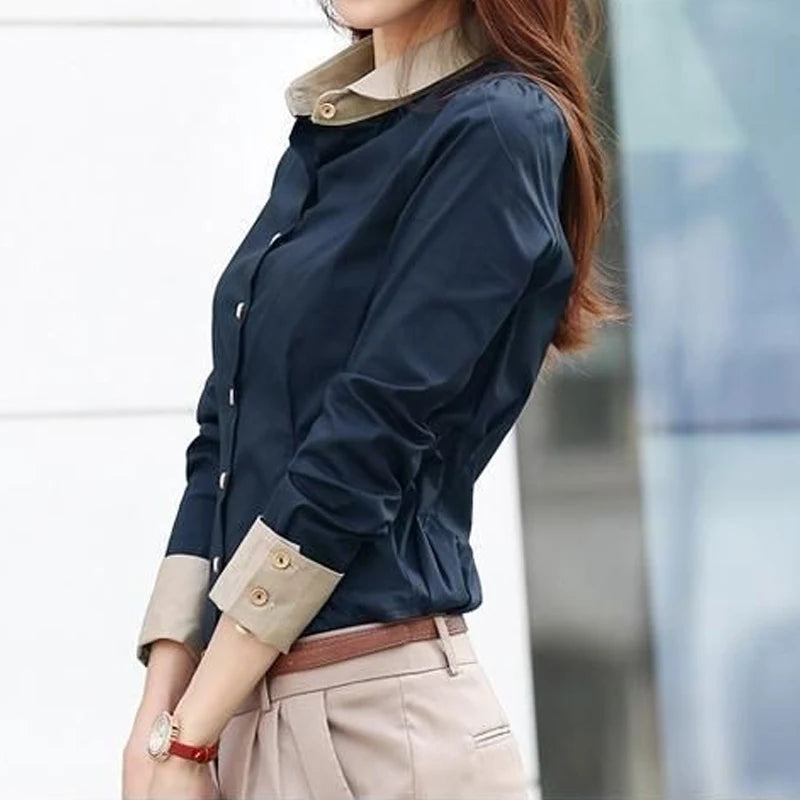 Spring Women's Patchwork Shirt – Long Sleeve Slim Fit Polo Blouse