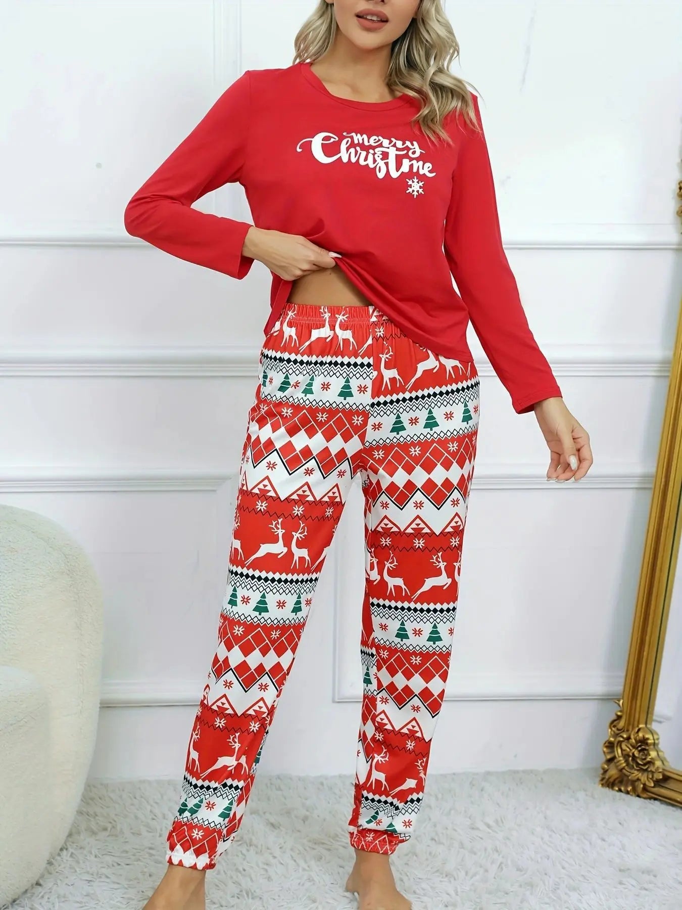 2Pcs Women's Christmas Print Long Sleeve Pajama Set