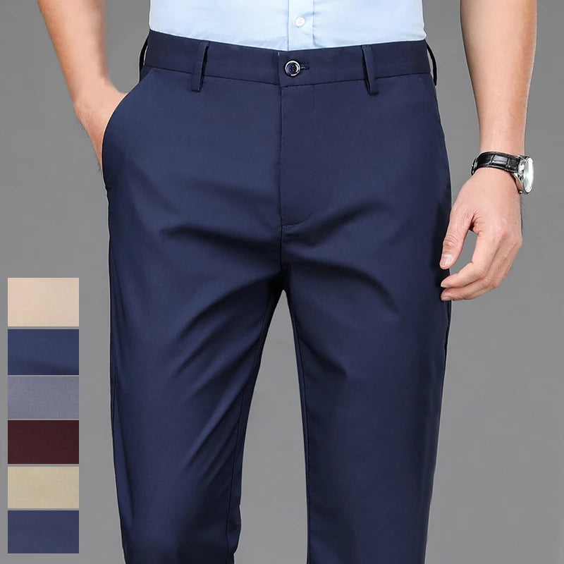 Men's Stretch Solid Black Trousers – Quick Dry Smart Casual Pants for Spring and Autumn