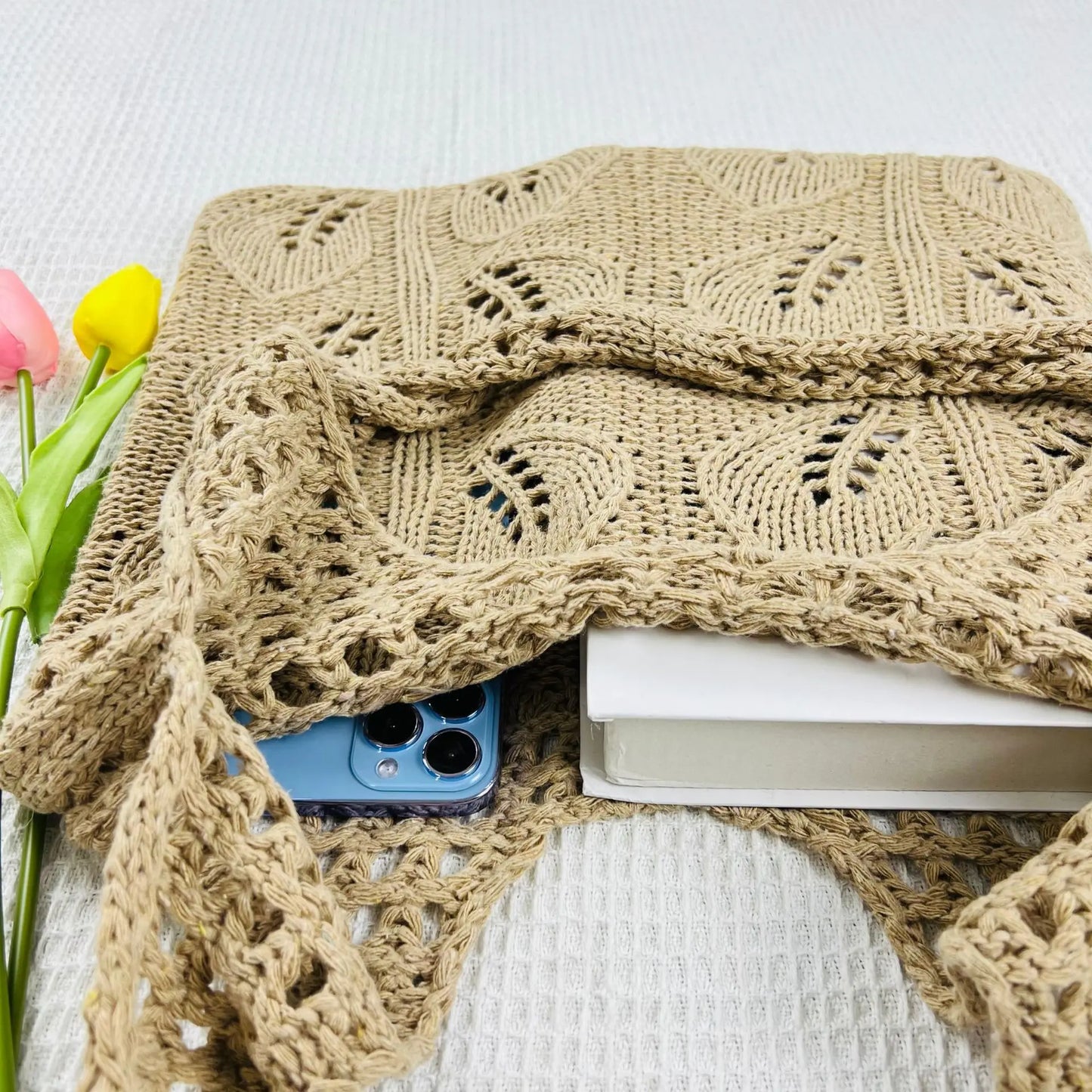 Knitted Beach Tote - Lightweight Woven Handbag for Women and Girls, Casual Shoulder Bag
