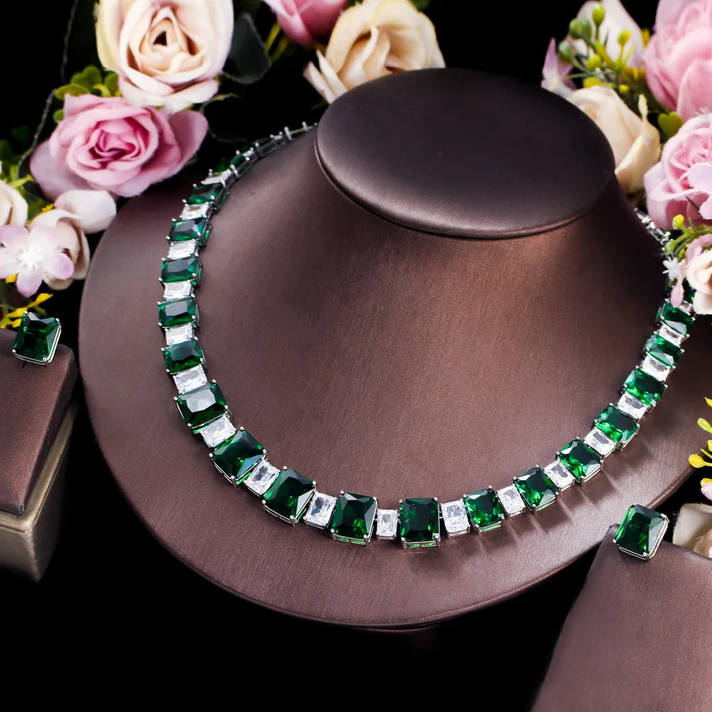 Trendy Lab 14K Gold Emerald Diamond Jewelry Set: Necklace and Earrings