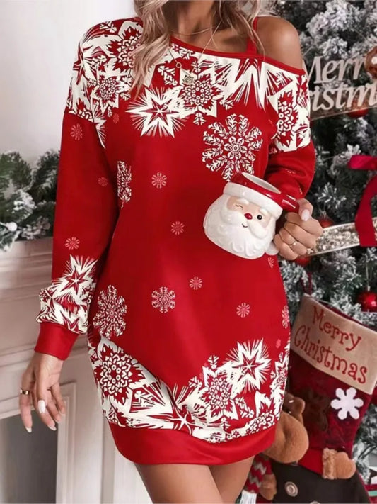 Christmas Snowflake Off-Shoulder Dress – Sexy Skew Collar, Loose Long Sleeve Winter Style