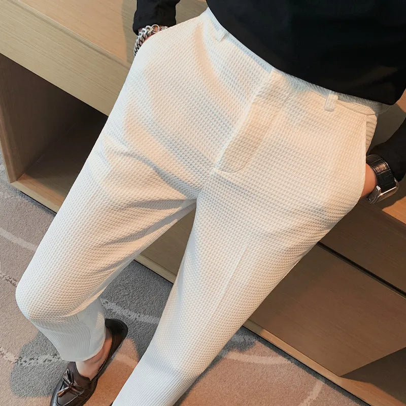Autumn Waffle Stretch Waist Slim Fit Formal Pants for Men – Ideal for Weddings and Social Events
