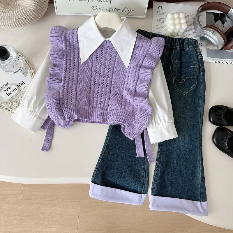 3-Piece Girls' Autumn Winter Outfit Set – Long Sleeve Shirt, Knitted Sweater Vest, and Jeans for Toddlers