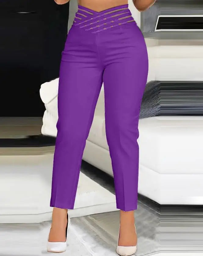 Summer Loose Fit Women's Work Pants - Hollow Out Overlap Waist Spliced Capris