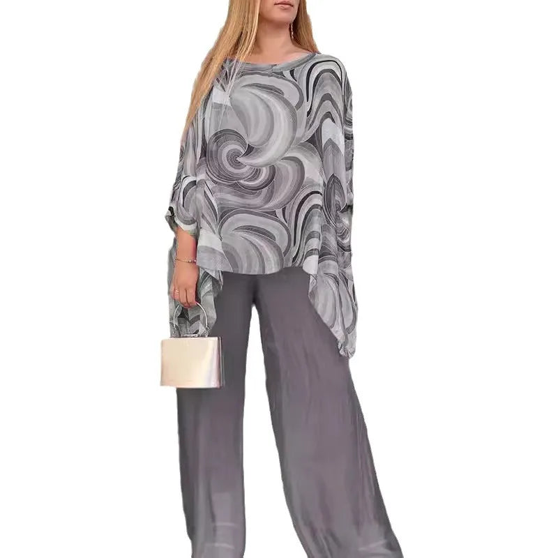 Women's Chiffon Printed Two-Piece Set – Elegant Long Sleeve Top & Wide Leg Pants