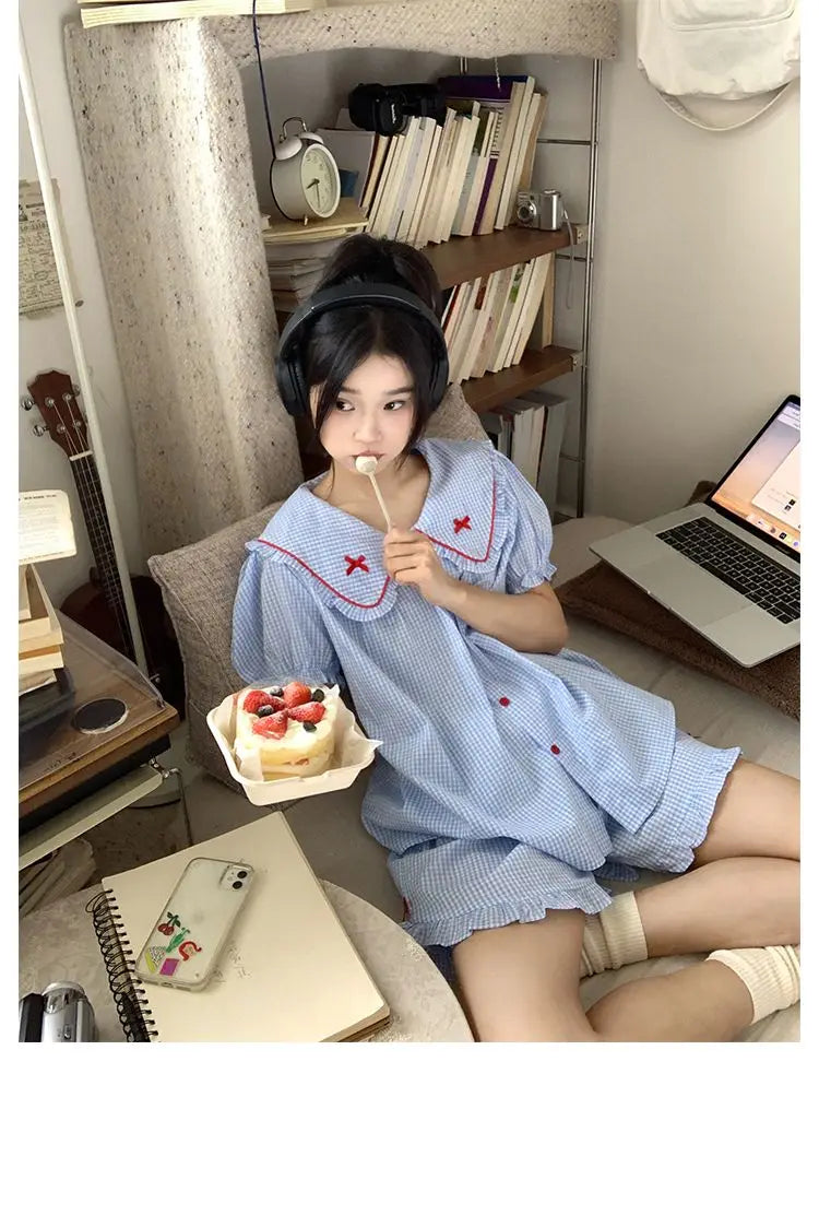 Plaid Women's Summer Pajama Set - Button Sleepwear with Peter Pan Collar